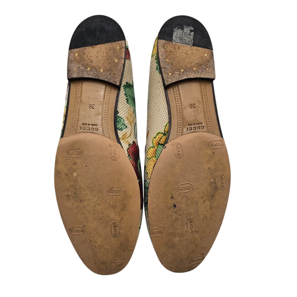 Gucci Jordaan Horsebit Flat Loafer Beige Floral Canvas Slip On Gold Size 38 US 8 - Picture 10 of 11